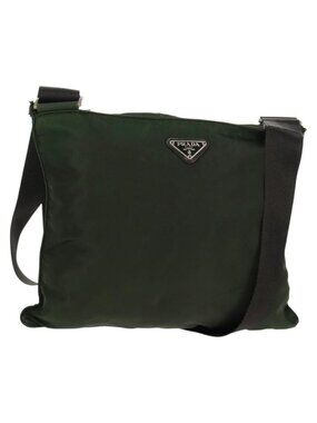 Authentic PRADA Shoulder Bag Nylon Khaki Silver